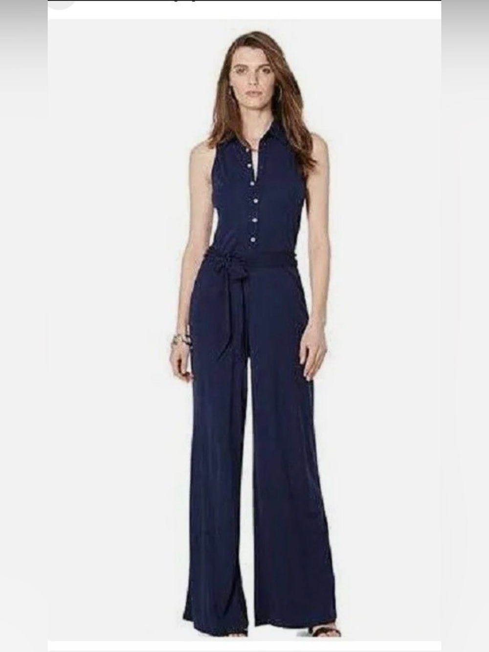Lauren Ralph Lauren Navy Wide Leg Jumpsuit Sleeveless Belted Button-Front Classy